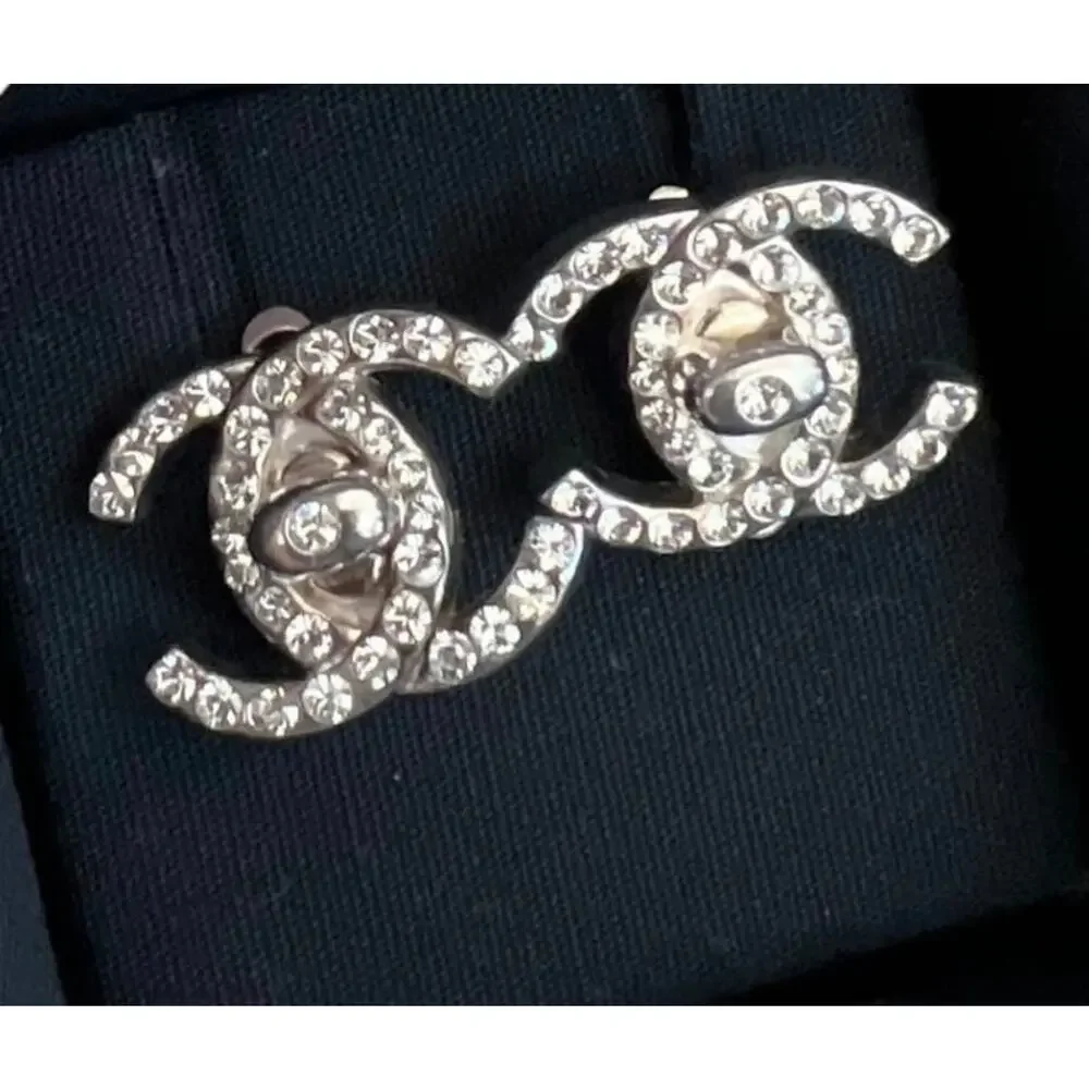 Chanel Rhinestone/Silver 1997 CC Turn lock Earrings